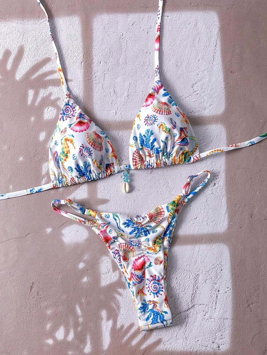 Swim Mod 女士随机花卉印花细肩带贝壳装饰性感比基尼套装，夏季 - 彩色 - 查看 1