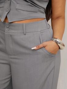SHEIN SXY Conjunto de 2 piezas elegante y sexy para mujer talla grande para primavera y verano: Top de tirantes ajustado gris + Pantalones rectos de doble botonadura con cintura ancha a juego, apropiado para uso diario