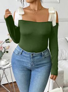 Celure 大码女式优雅针织长袖露肩大蝴蝶结T恤 - 軍綠色 - 查看 1