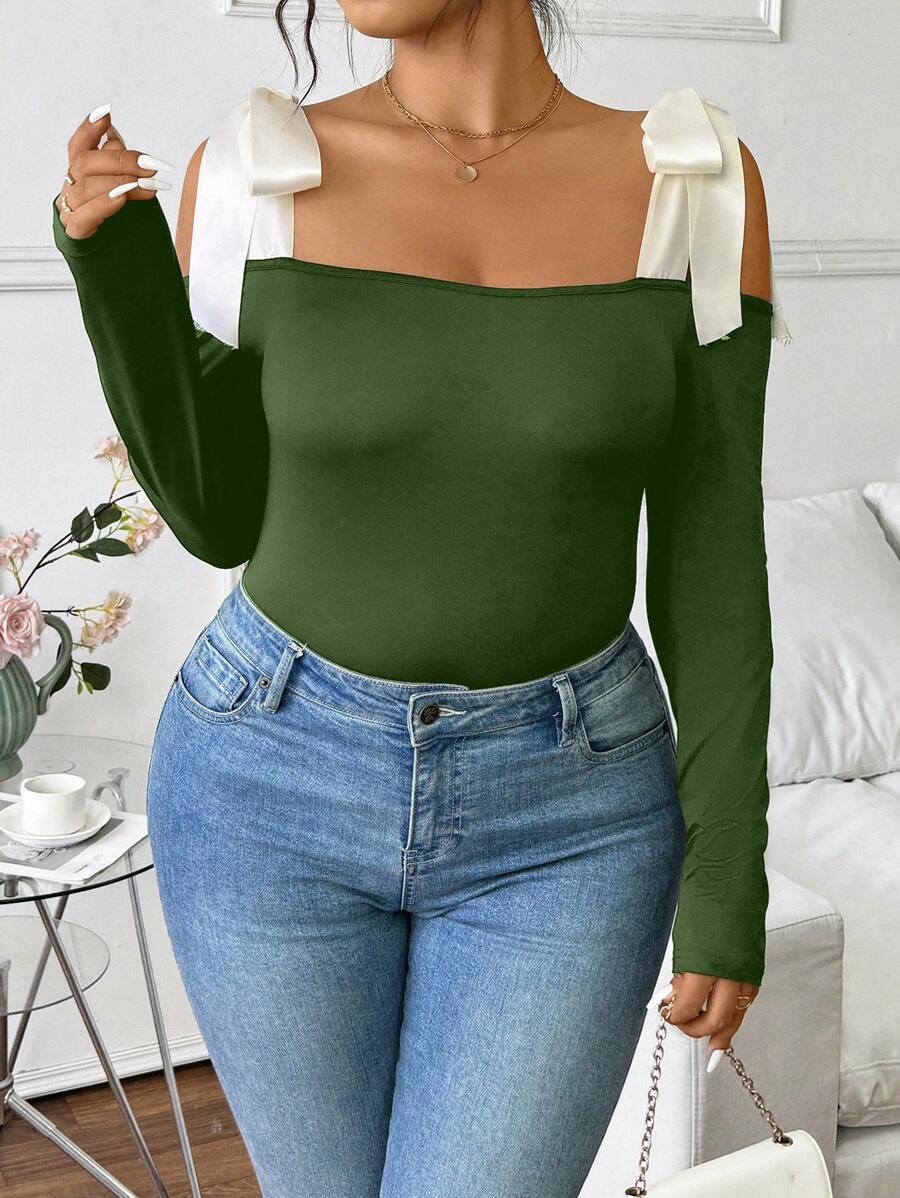 Celure 大码女式优雅针织长袖露肩大蝴蝶结T恤 - 軍綠色 - 查看 1