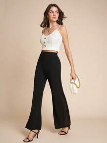 SHEIN Clasi Women's Geometric Lace Splice Wide Knitted Stretch Black Leg Pants - Black - View 6