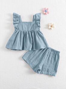 Cozy Pixies Baby Girl 3D Floral Collar Ruffle Sleeveless Top & Elastic Waist Shorts 2 Pieces Set