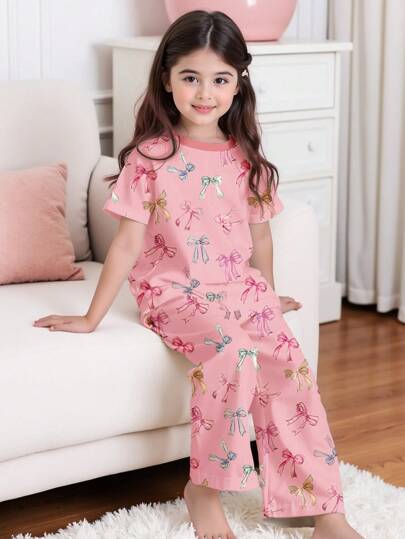 SHEIN Conjunto de pantalones de estar por casa de mangas cortas y cuello redondo minimalista informal para niñas preadolescentes, para el verano