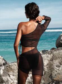 Opulessa Women's Elegant Black Mesh Bandeau Bikini Set With One Long Sleeve And Cutout Detail, Holiday Outfits,Holiday Clothes,Beach Outfits For Woman,Vacation Outfits Woman,Bikini Set,Sarong,Beach Dress,High Waisted Bikini, High Waisted Bathing Suit,Thong Bikini Set - Black - View 2