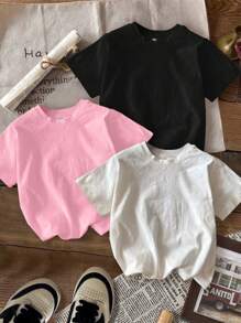 SHEIN Leap Crew Tween Girl 3pcs/Set Casual Simple Car Graphic Print Short Sleeve T-Shirts, Suitable For Summer & Autumn, Back To School Clothes - Multicolor - View 2