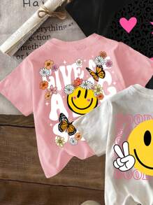 SHEIN Camisetas de verano para niñas preadolescentes, paquete múltiple, de estilo minimalista casual con estampado de dibujos animados sonrientes en negro, blanco y rosa