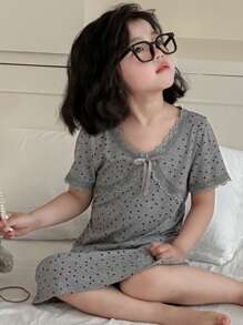 DAZY Young Girl Polka Dot Print Lace Patchwork Short Sleeve Top And Shorts Pajama Set - Grey - View 7