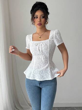 Rafferiza Camiseta de mujer elegante de unicolor con bordado calado, para verano