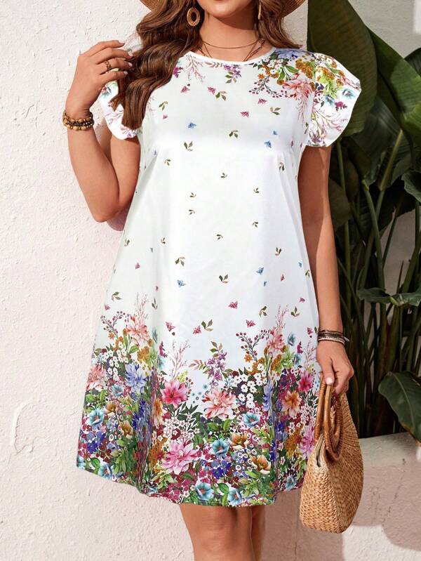 SHEIN LUNE Plus Size Casual Holiday Floral & Butterfly Print Cutout Neck Dress Valentine Day