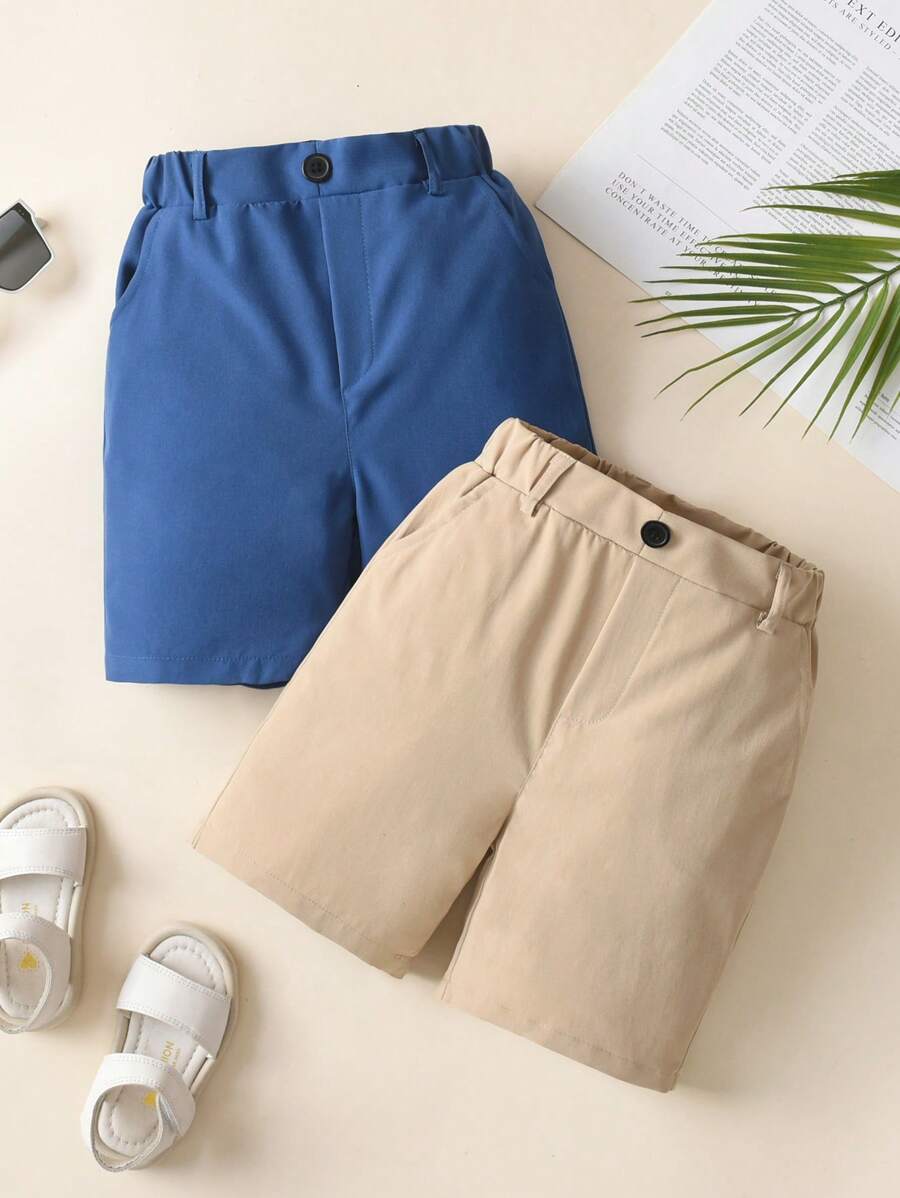 Souflis Souflis 2pcs/Set Young Boy Solid Color Pleated Button Pocket Summer Shorts - Multicolor - View 1