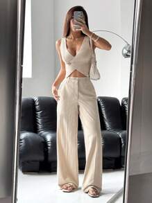 SHEIN EZwear Women Single-Button Vest And Pants Suit Set, Solid Color In Fall/Winter - Apricot - View 1