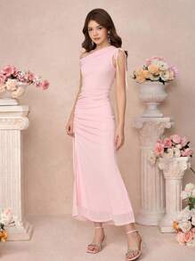 Pitira Pitira Váy lưới co giãn màu hồng, nhún bèo, xẻ tà phía trước thanh lịch dành cho bé gái tuổi teen, váy dạ hội đơn giản - Hồng - Xem 5