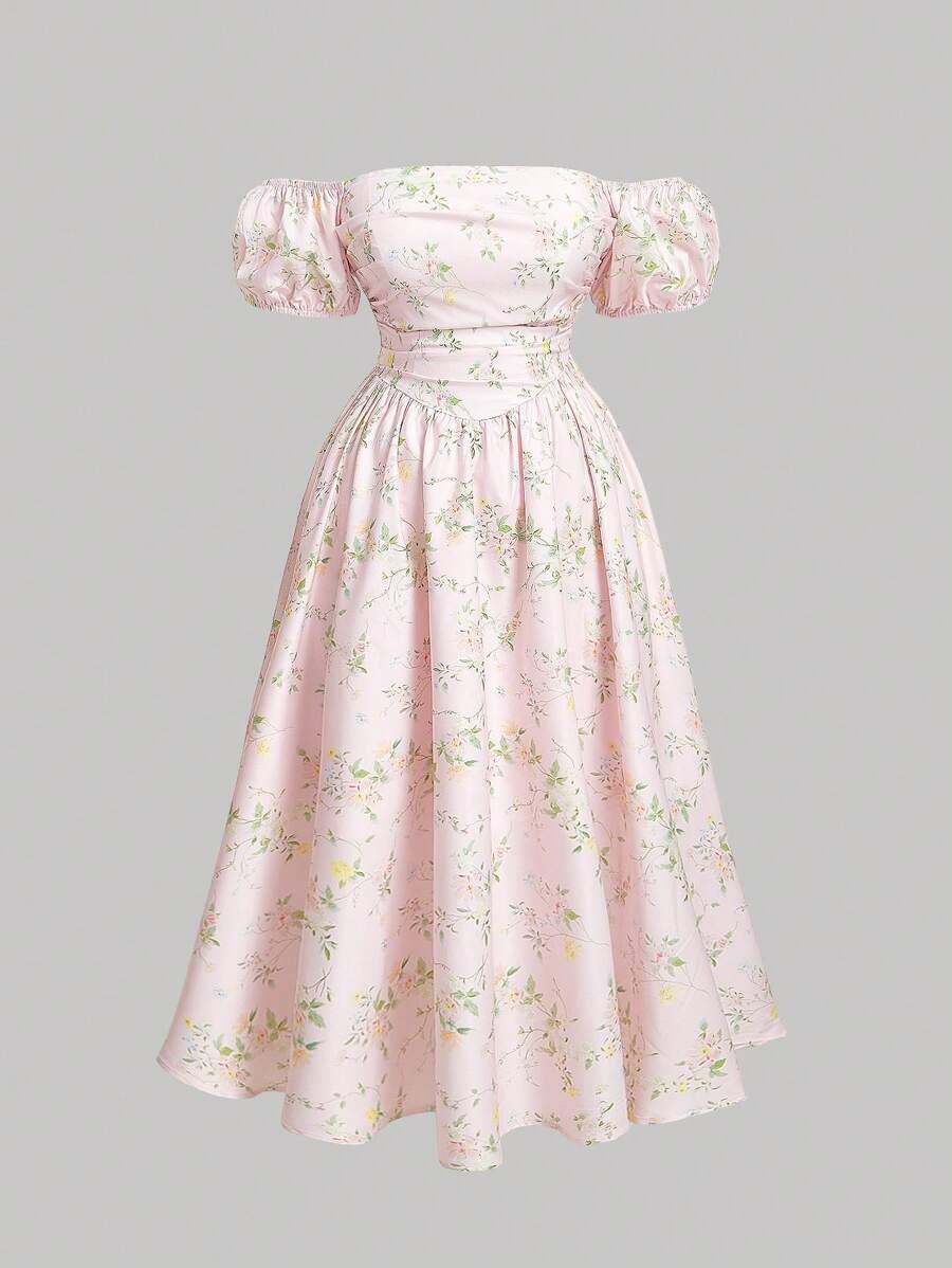 SHEIN MOD Plus Size Women Ditsy Floral Open Shoulder Lantern Sleeve Mid-Calf Dress, Spring - Baby Pink - View 1