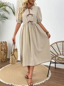 SHEIN LUNE Đầm midi ôm sát thanh lịch mùa hè dành cho nữ, có chi tiết thắt eo giúp thon gọn, điểm nhấn nơ, kiểu dáng thường ngày. - Màu be - Xem 7