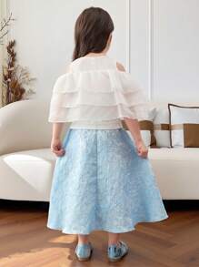 2pcs Young Girl Solid Color Round Neck Knit Top With Mesh Ruffle Details And Woven Skirt Set - Blue - View 8