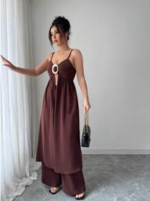Chiquease Women's Elegant Casual Camisole And Metal Buckle Decor Pants Set - Brown - View 6
