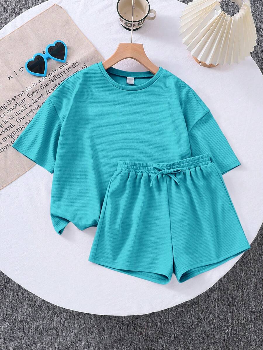SHEIN LMoss Kids 2件套少女纯色圆领宽松T恤和合身针织短裤 - 藍色 - 查看 1