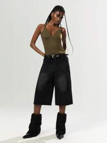 Easelle Olive Green Knit Women's Tight Fit Camisole, Fashionable For Summer - Army Green - View 3