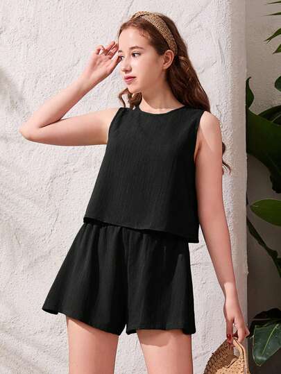 SHEIN Teen Girl Casual Solid Woven Textured Fabric Sleeveless 2 Pieces Set, Spring/Summer