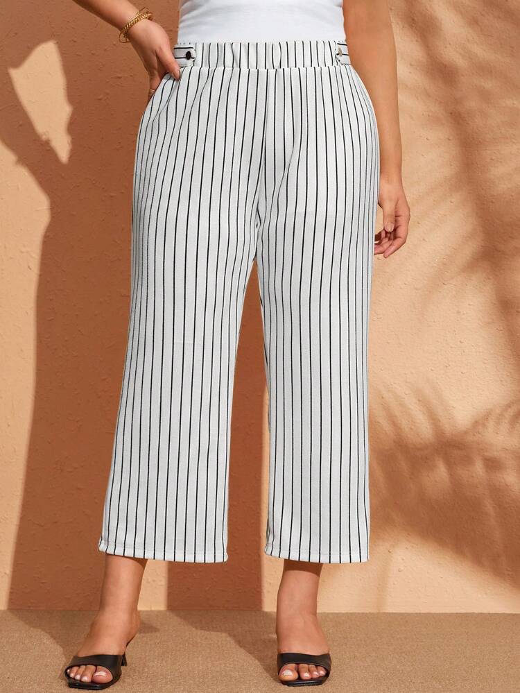 Plus Size Striped Print Elegant Straight Leg Pants, Suitable For Spring