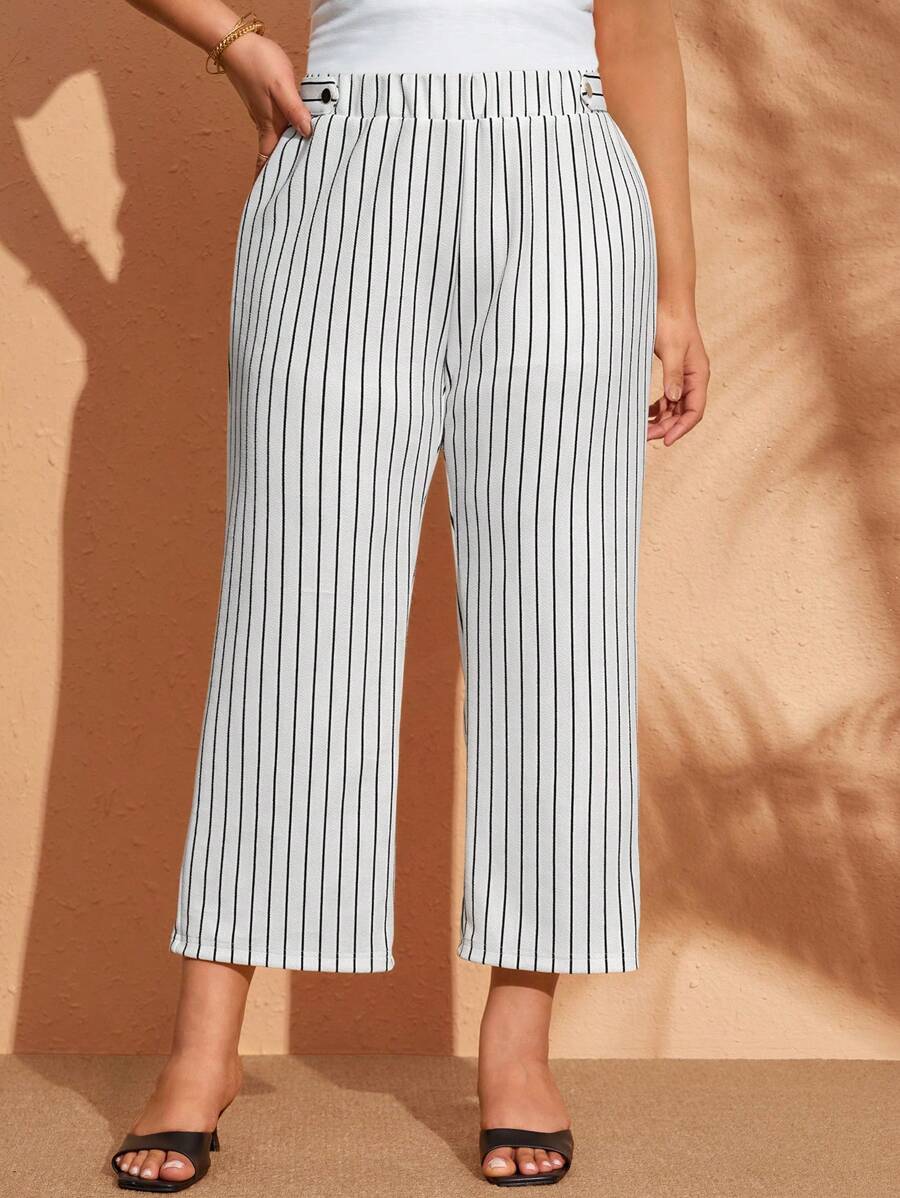 EMERY ROSE Pantalones rectos de talla grande con estampado de rayas, elegantes, adecuados para la primavera - Blanco - Ver 1