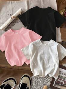 SHEIN Camisetas de verano para niñas preadolescentes, paquete múltiple, de estilo minimalista casual con estampado de dibujos animados sonrientes en negro, blanco y rosa