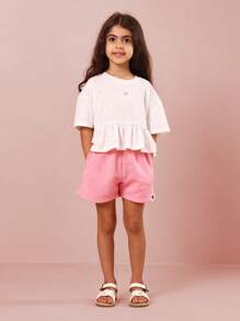 SUMWON T-shirt a peplum con motivo farfalla, maniche corte, top estivo casual in jersey, abbigliamento da gioco e rilassamento per ragazze, con volant sul fondo, ideale per il quotidiano
