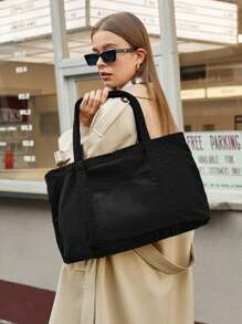 SHECARRY Solid Color Corduroy Tote Bag Suitable For Women's Daily Use