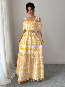 Chiquease Off-Shoulder Ruffle Hem Cinched Waist Vacation Style Dress - Yellow - View 5