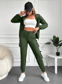 RueChic 2pcs Women Set: Solid Color Hooded Zip-Up Jacket And Elastic Waist Sweatpants - Army Green - View 1