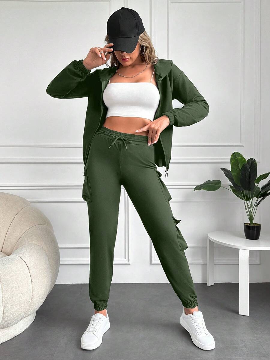 RueChic 2pcs Women Set: Solid Color Hooded Zip-Up Jacket And Elastic Waist Sweatpants - Army Green - View 1