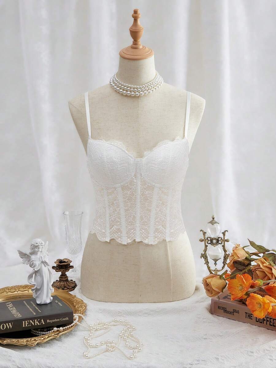 SHEIN MOD Elegantes einfarbiges Spitzen-Bustier Damen Unterhemd, sexy weißes Trägertop, Party-Top, Abschluss-Top, Sommer-Top, Frauen Korsett - Weiss - Übersicht 1