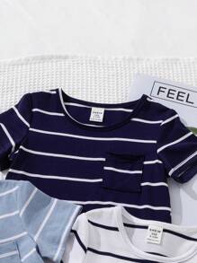 SHEIN Playful Pals Bộ 3 áo sọc Unisex cho bé trai/bé gái, màu đen, xám, trắng phù hợp với mọi dịp trong mùa hè - Nhiều màu - Xem 8