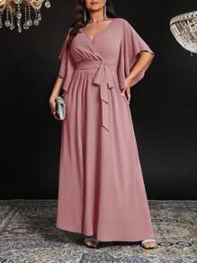 Auvina Vestido largo elegante de fiesta para mujer de talla grande con cuello en V, manga corta acampanada, cintura anudada, drapeado y abertura