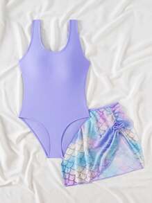 Tween Girls Vacation Style Green Tropical Plant Print Mesh Ruffled Trim Swimsuit With Skirt Young Girl Summer Outfits Young Girls Sets Summer Bathing Suits 1pc For Teens Swimming Suits For Teens One Piece Bathing Suit For Teens - Purple - View 3