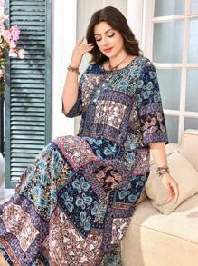 SHEIN Lacomfia Plus Size Women's Spring/Autumn Square Collar Printed 3/4 Sleeve Slimming Cinched Waist Dress