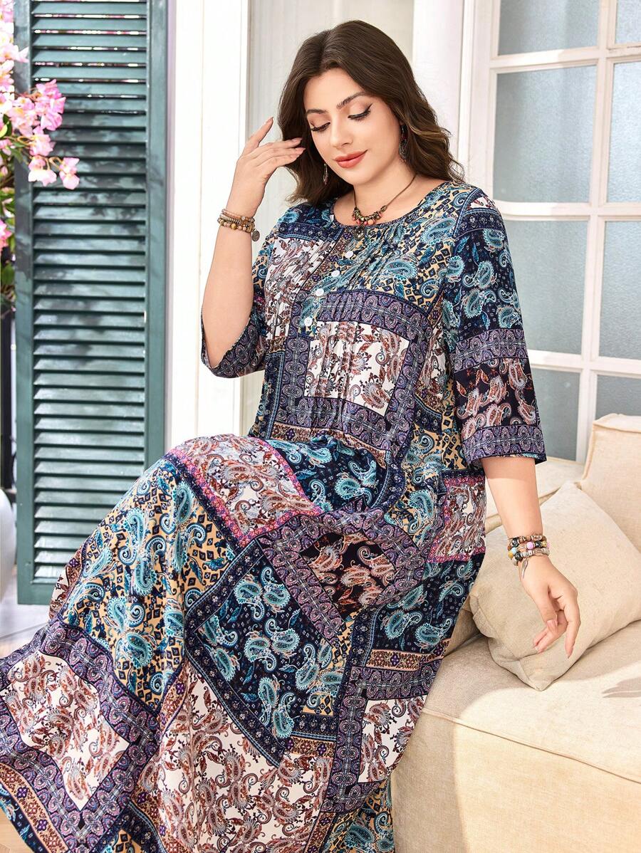 SHEIN Lacomfia Plus Size Women's Spring/Autumn Square Collar Printed 3/4 Sleeve Slimming Cinched Waist Dress