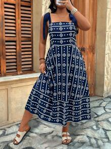 Breezaya Plus Size Asymmetrical Colorblock Geometric Striped Print Tie-Shoulder A-Line Midi Casual/Holiday Dress - Multicolor - View 4