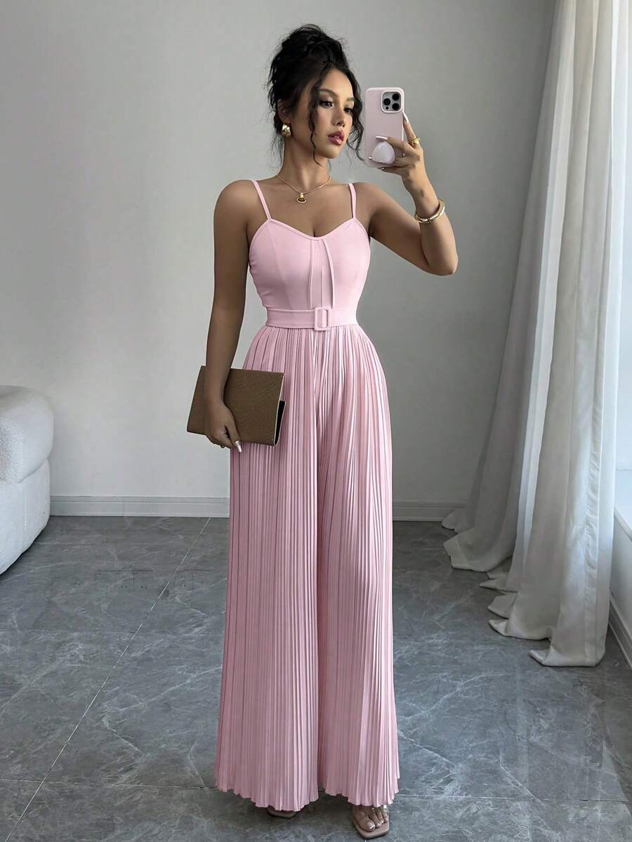 Elenzga Women's Fashion Pleated Jumpsuit, Spring/Summer - Baby Pink - View 1
