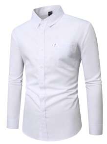 Manfinity Bizformal White Button Front Pockets Long Sleeve Casual Business Shirt, Fall - White - View 4