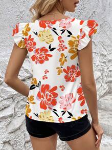 SHEIN Clasi Women's Orange Countryside Resort Print V-Neck Cap Sleeve Fitted Shirt, Suitable For Summer Summer Outfits For Women Vacation Outfits Woman Cute Summer Tops  Classy Outfits For Women Summer Outfits For Women  Ruffle - Multicolor - View 2