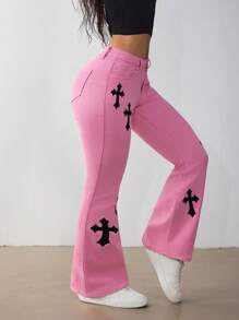 SHEIN ICON Quần Jeans Ống Loe Thêu Chữ Thập Thường Ngày Cho Nữ - Hồng - Xem 7