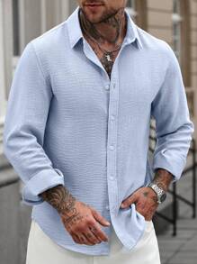 Manfinity CasualCool White Casual Linen Long Sleeve Shirt, Minimalist & Fashionable, Suitable For Summer