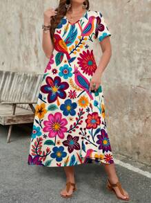 EMERY ROSE 女士加大码休闲V领短袖长裙，适合夏季