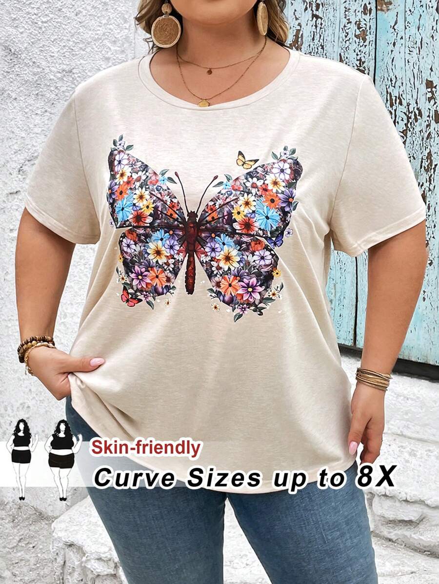 SHEIN CURVE+ Plus Size Women Casual Butterfly Printed Round Neck Short Sleeve Fitted T-Shirt, Suitable For Summer, Beach Vacation