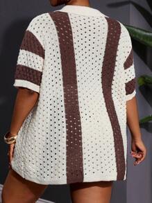 SHEIN CURVE+ 大码度假海滩休闲宽松短袖上衣和修身短裤拼色透明针织背心套装，适合夏季 - 彩色 - 查看 2