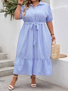 SHEIN CURVE+ Bohemian Style Blue & White Striped Print Ruffle Hem Tie Waist Casual Dress, Plus Size, Summer, Curve Plus, Boho Vacation Beach Outfits For Woman/Beach Dress/Beach Vacation Outfits/Beach Essentials / Graduation/Tea Party Dress