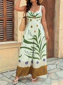 SHEIN VCAY Große Größen Urlaubs-Lässig Kontrast-Farbiges Pflanzen-Muster-Jumpsuit