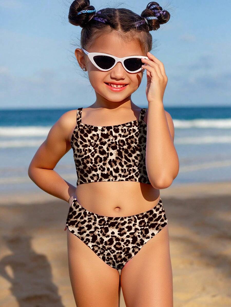 Emery Rose Kids Emery Rose Kids Young Girls Simple Leopard Print Fitted Camisole & Triangle Bikini Swimsuit Set, Casual Style Suitable For Summer - Multicolor - View 1