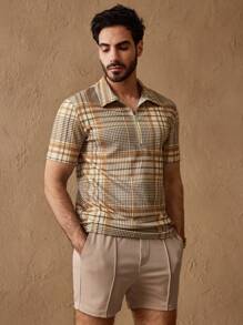 Manfinity ModaGents Set de 2 piezas de camisa polo de punto con cremallera y rayas, y shorts casuales para hombre, conjunto de polo ajustado